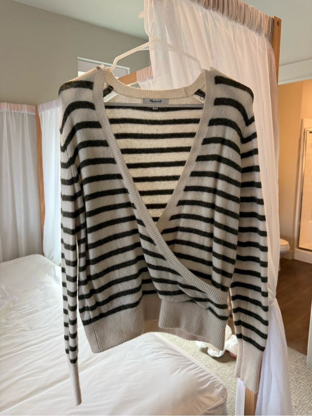 Madewell Black and Cream Striped Wrap V‑Neck Sweater